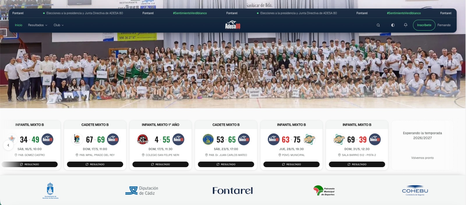 Portada de adesa80.com: la web del club de baloncesto Adesa 80, con el menú del club, la foto de equipo y los resultados de las últimas jornadas.